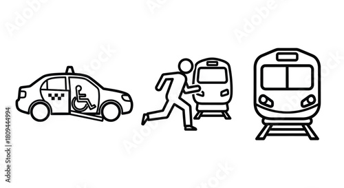 Line art illustration displaying a taxi person bus and train