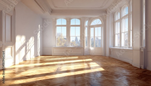 A sunlit, empty room with wooden floors, large windows, and detailed white trim