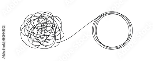Chaotic tangled line transforms into circle knot illustration. Abstract concept showing problem-solving path from mess to order in vector graphic format.