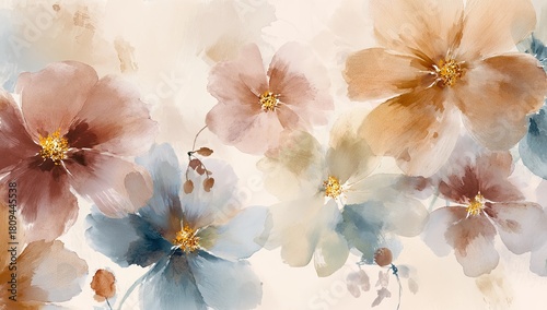 Watercolor floral artwork with pastel blooms in shades of brown, blue, and yellow on a cream background