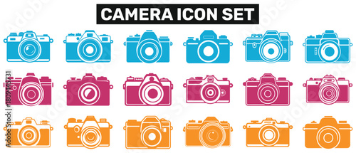 Camera icons set, blue and pink version, isolated on white background.
