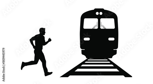 A silhouetted man running toward an approaching train on railway tracks