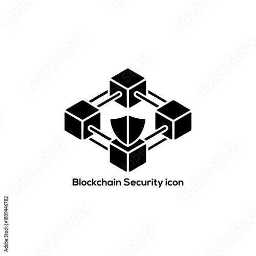 Minimal Blockchain Security Icon with Shield and Cubes, Crypto Network Protection Symbol for Cybersecurity, Fintech Apps, Web Design Projects