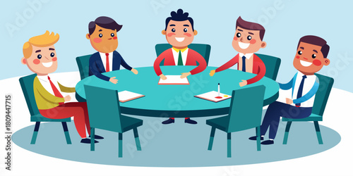Happy business people meeting around round table business discussion colleagues sitting on chairs creative people working process smiling professionals team