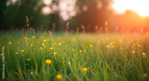Fototapeta Naklejka Na Ścianę i Meble -  Sunlit meadow with wildflowers at golden hour