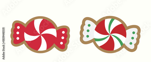 Red and white candy-shaped gingerbread cookies clipart set.
Winter Christmas party cookies.
Flat vector illustration.
White background.
