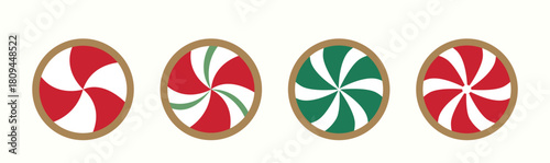 Christmas peppermint round candy gingerbread cookie clipart set.
Winter Christmas party cookies.
Flat vector illustration.
White background.