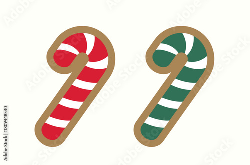 Candy cane shaped gingerbread cookie clipart set.
Winter Christmas party cookies.
Flat vector illustration.
White background.