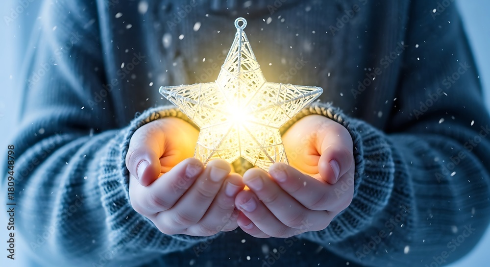 Naklejka premium A childs dream holding a glowing star in hands, symbolizing hope, wonder, and the magic of christmas in a winter wonderland setting