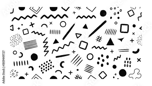 Hand drawn abstract geometric shapes pattern in black and white background