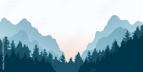 Landscape panoramic vector illustration with forests and mountains. Silhouettes of trees and hills. Adventure and Travel.