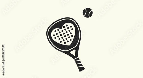 Black and white illustration of a heart-shaped paddle racket with a tennis ball.