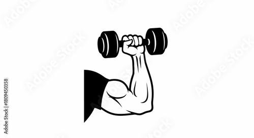 Illustration of a muscular arm lifting a dumbbell in black and white.