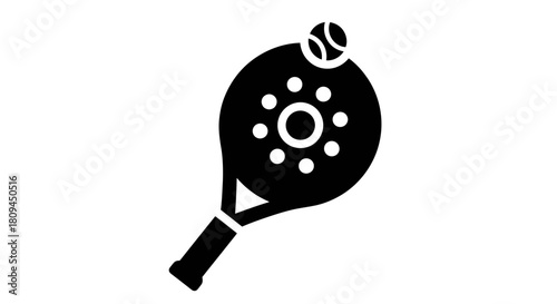Black and white illustration of a padel racket with a ball on top.