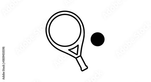 Illustration of a tennis racket and ball, simple black and white drawing.