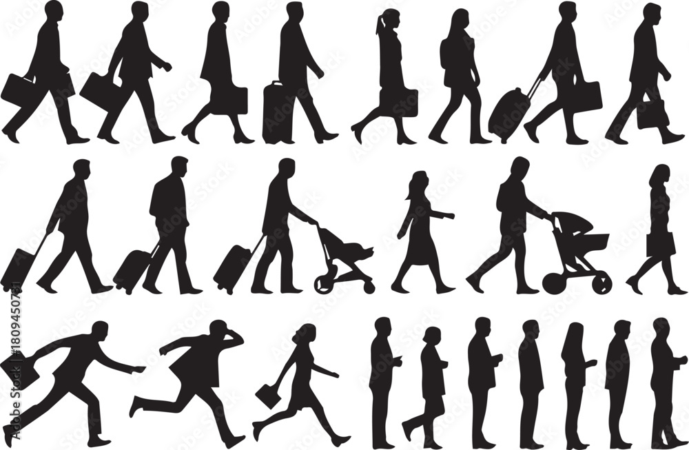 Fototapeta premium Silhouettes of diverse people walking and running in various business situations