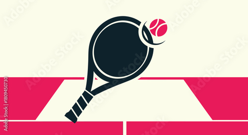 Modern graphic illustration of a tennis racket and ball on a stylized background.