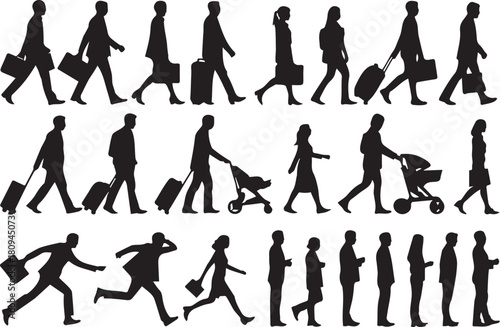 Silhouettes of diverse people walking and running in various business situations
