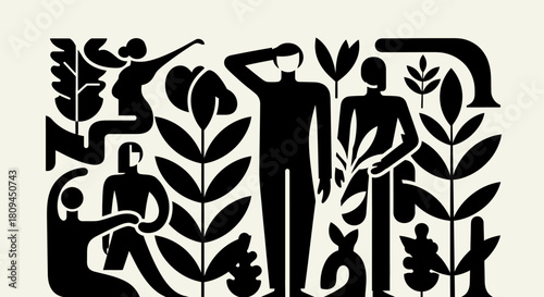 Abstract illustration of diverse people interacting with stylized plants and natural elements.