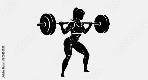 Silhouette of a woman performing a barbell squat exercise, showcasing strength and fitness.