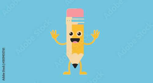 A cheerful cartoon pencil character with arms and legs, smiling and waving on a blue background.