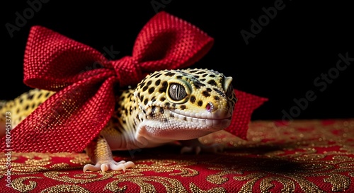 Leopard gecko with a red bow on its head, creating a whimsical and festive image, perfect for holidaythemed designs and animal lovers