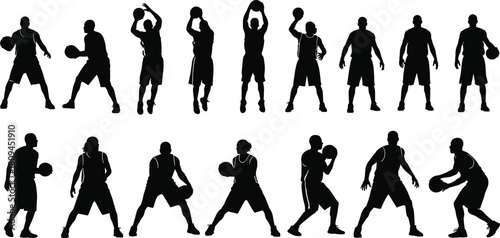 Set of basketball player silhouettes, black vector image of men dribbling, shooting, passing, and posing with the ball for sports concepts,