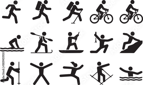 Black silhouette icons depicting various outdoor sports and recreational activities
