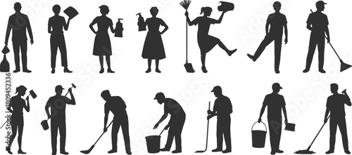 Set of cleaning and maintenance worker silhouettes, black vector image of people sweeping, mopping, washing, and holding cleaning supplies and tools