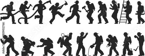 Set of firefighter silhouettes, black vector image of brave rescue workers in action running, carrying equipment, ladder, hose, and axe, isolated on white background.