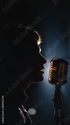 Silhouette of singer with vintage microphone in dramatic lighting
