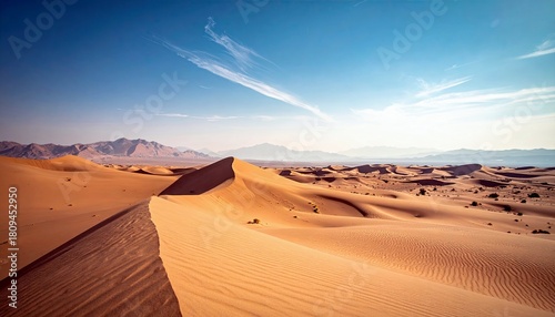 Fototapeta Naklejka Na Ścianę i Meble -  A sweeping view of a desert landscape featuring undulating sand dunes, a clear blue sky with thin clouds, and a range of mountains in the distance.