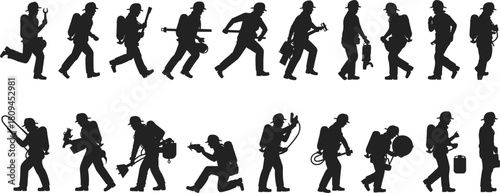 Set of firefighter silhouettes, black vector image of rescue workers in action running and walking, carrying tools, helmet, axe, and fire extinguishing equipment,