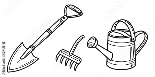 A spade, rake, and watering can are displayed on a white background.