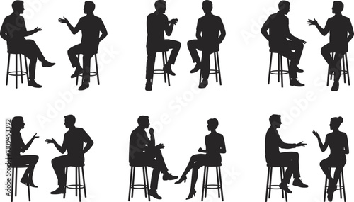 Set of people sitting on bar stools and discussing, black vector silhouettes of men and women having a lively conversation, meeting, or interview, isolated on white background.
