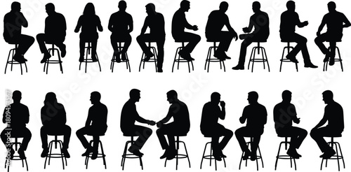 Set of people sitting on bar stools, black vector silhouettes of men and women casually seated, talking, and interacting in various poses, isolated on white background.