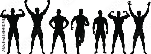 Set of strong bodybuilder silhouettes, black vector image of muscular men posing, flexing, running, and celebrating success for fitness and strength concepts