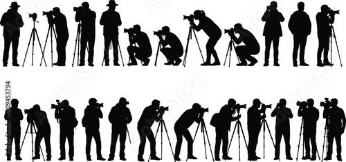 Black Silhouette Set of Diverse Photographers with Cameras and Tripods, Isolated on White Background, Showing Various Poses While Taking Pictures and Working.