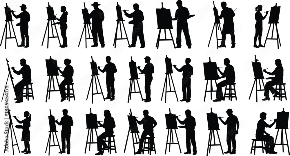 Obraz premium Black Silhouette Set of Diverse Artists Painting on Easels, Isolated on White Background, Showing Various Poses While Standing and Sitting.