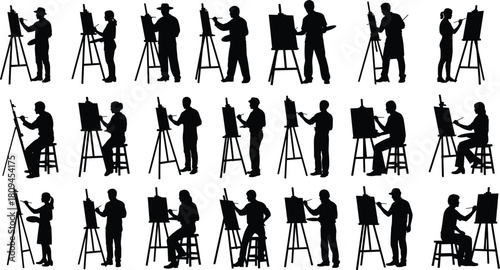 Black Silhouette Set of Diverse Artists Painting on Easels, Isolated on White Background, Showing Various Poses While Standing and Sitting.