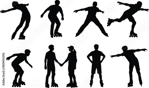 Black Silhouette Set of Inline Roller Skaters, Male and Female, Isolated on White Background, Showing Various Action and Leisure Poses.