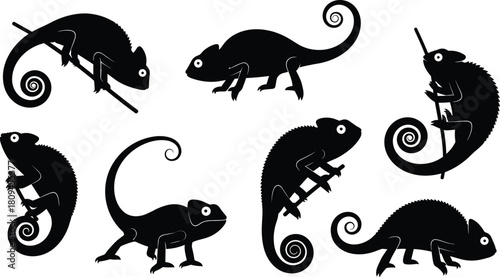 Vector Collection of Chameleon Silhouettes Climbing, Sitting, and Walking on Branches Illustrating Diverse Tropical Reptiles with Curled Tails and Large Eyes
