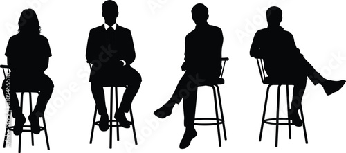 Vector Collection of Diverse People Silhouettes Sitting on High Bar Stools Illustrating Relaxation, Conversation, and Professional Interview Settings