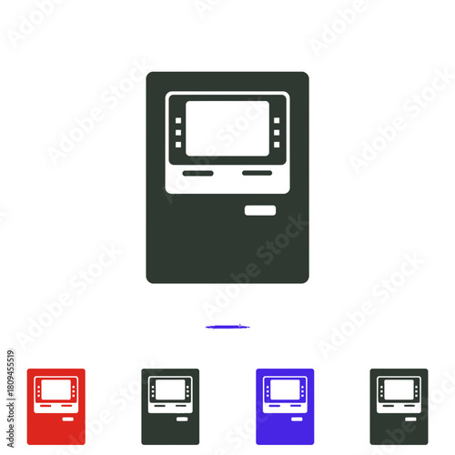 Isolated dark green ATM machine vector illustration on a white background showing banking and financial services available for customers