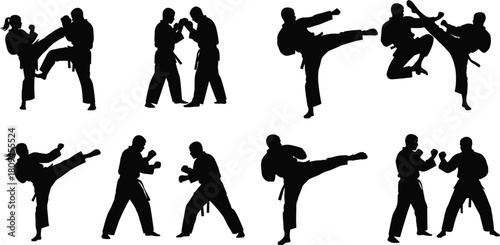 Vector Set of Martial Arts Silhouettes Illustrating People Performing High Kicks, Sparring, and Fighting Poses for Karate and Self-Defense Training