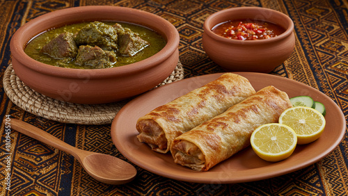 Traditional Kissra Rolls with Mullah Sauce and Green Curry in Authentic Clay Bowls