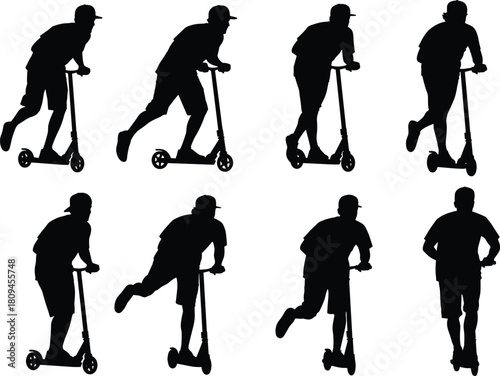 Vector Collection of Kick Scooter Rider Silhouettes Illustrating Young People Riding Push Scooters in Various Dynamic Action Poses for Fun and Transport