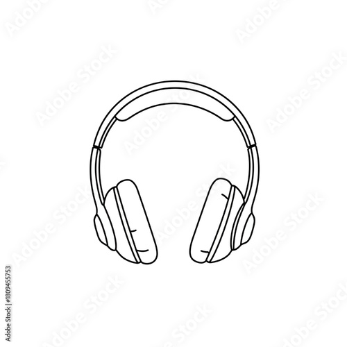 Minimalist line art illustration of over-ear headphones with cushioned headband and earcups for audio listening and sound isolation