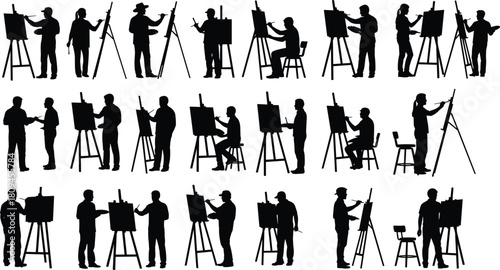 Large Group of Artist Silhouettes Painting on Easels Vector Collection Illustrating Diverse People Engaged in Creative Art and Hobby Activities