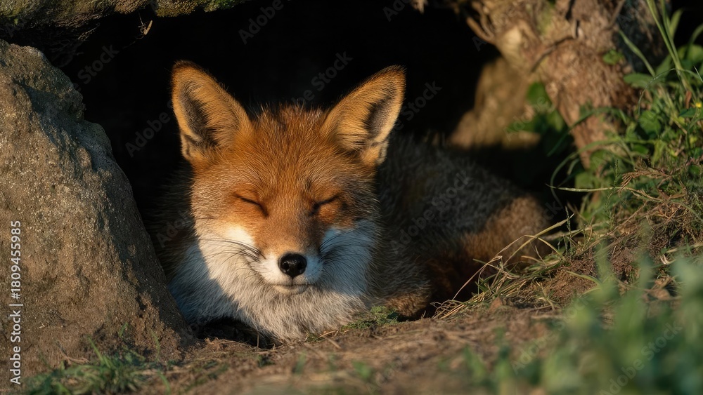 Fototapeta premium A red fox sleeping in a burrow entrance with its eyes closed, sunlit fur. Concept Red Fox in Burrow, Sunlit Fur, Peaceful Sleep, Wildlife Portrait, Den Entrance Scene